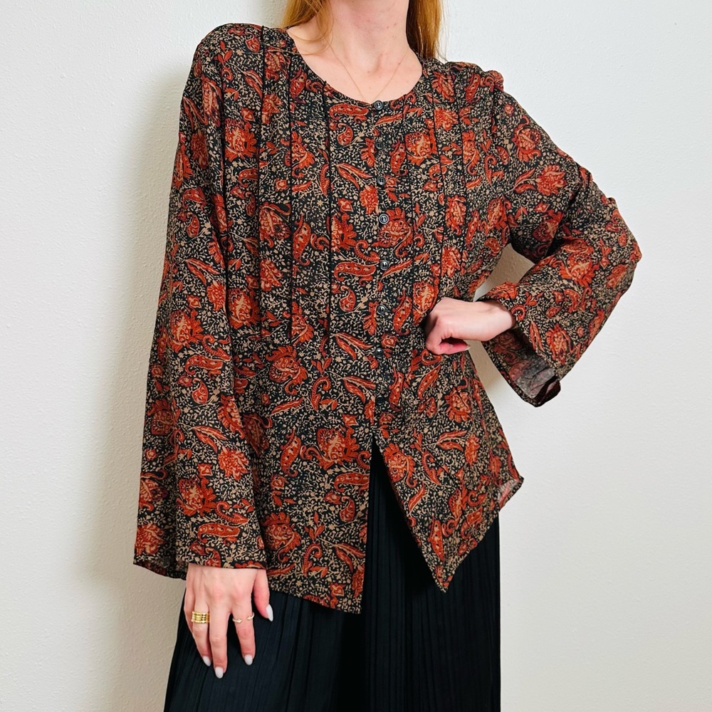 Vintage White Stag Paisley Floral Boho Long Sleeve Button Down Blouse Top